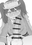  1girl bangs bar_censor blush censored eyebrows_visible_through_hair greyscale hat highres japanese_clothes kantai_collection kariginu long_hair male_pubic_hair mo_(kireinamo) monochrome open_mouth penis penis_awe pubic_hair ryuujou_(kantai_collection) simple_background sweat twintails visor_cap 