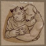  ... 1:1 2013 anthro bodily_fluids canid canine crying duo eyes_closed felid hug hugging_from_behind humanoid_hands mammal nissei_(artist) pantherine sad tears text tiger 
