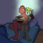 1:1 animal_crossing anthro beaver bed bed_sheet bedding blonde_hair buckteeth c.j._(animal_crossing) chameleon cuddling duo flick_(animal_crossing) furniture fuze gaming green_eyes hair hi_res horn inside lizard male male/male mammal mattress nintendo nintendo_switch nose_horn nude on_bed playing_videogame purple_eyes red_hair reptile rodent romantic_ambiance scalie teeth video_games 