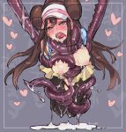  1girl areolae black_legwear blush bound breasts brown_hair commentary_request dissolving_clothes double_bun full_body half-closed_eyes heart heart-shaped_pupils large_breasts long_hair mei_(pokemon) monster nipples nose_blush ooshio7734 open_mouth pantyhose pokemon pokemon_(game) pokemon_bw2 short_shorts shorts slimy solo_focus symbol-shaped_pupils tears tentacles tongue tongue_out torn_clothes torogao twintails visor_cap wet yellow_shorts 