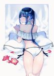  1girl aqua_eyes ass back bangs bare_shoulders bikini black_hair blush closed_mouth cup drinking_glass fate/grand_order fate_(series) flower hair_ribbon jing_ke_(fate/grand_order) kanitama_(putyourhead) long_hair looking_at_viewer looking_back off-shoulder_swimsuit off_shoulder pillow ponytail ribbon solo swimsuit thighs water_shine white_bikini white_ribbon wine_glass 