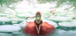  1girl absurdres closed_eyes closed_mouth commentary croci dress front_ponytail green_hair hair_ribbon hands_together highres kagiyama_hina kneeling looking_at_viewer medium_hair partially_submerged puffy_short_sleeves puffy_sleeves red_dress red_ribbon ribbon scenery short_sleeves solo touhou tree tress_ribbon water 