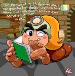  &lt;3 4_toes barefoot blonde_hair blush book dialogue english_text feet female foot_focus goomba goombella hair hi_res humanoid_feet lazzylad mario_bros nintendo paper_mario ponytail reading soles solo text toes video_games 