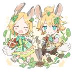  1boy 1girl animal_ears aqua_eyes bangs blonde_hair blush_stickers boots bow bread bunny_ears bunny_tail chibi closed_eyes clover_hair_ornament commentary easter easter_egg egg facing_viewer food grin hair_bow hair_ornament holding holding_food holding_shovel hole kagamine_len kagamine_rin kinugasa_moduru looking_at_viewer open_mouth short_hair short_ponytail shovel smile spiked_hair swept_bangs tail vocaloid 