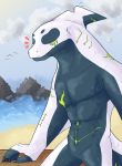  2020 anthro beach cetacean delphinoid detailed_background digital_drawing_(artwork) digital_media_(artwork) eyes_closed hi_res kdkilo male mammal marine multicolored_body muscular muscular_male nude oceanic_dolphin orca outside pecs seaside smile solo toothed_whale two_tone_body white_body wounded 
