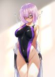  1girl absurdres black_swimsuit breasts commentary_request covered_nipples cowboy_shot fate/grand_order fate_(series) glasses hair_over_one_eye highleg highleg_swimsuit highres impossible_clothes impossible_swimsuit looking_at_viewer mash_kyrielight medium_breasts purple_eyes purple_hair sanazura_hiroyuki short_hair solo standing swimsuit thigh_gap translation_request white_robe 