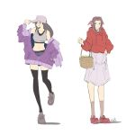  2girls aerith_gainsborough automatic_giraffe black_hair brown_hair casual crop_top final_fantasy final_fantasy_vii final_fantasy_vii_remake hat jacket looking_at_viewer multiple_girls purple_jacket red_jacket shoes short_shorts shorts smile sneakers standing thighhighs tifa_lockhart 