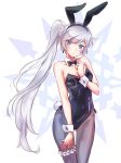  1girl :o =o animal_ears arm_between_breasts bare_shoulders black_legwear black_leotard black_neckwear blue_eyes blush bow bowtie braid breasts bunny_ears bunny_tail bunnysuit cleavage collarbone crown_braid detached_collar earrings eyebrows_visible_through_hair eyes_visible_through_hair fake_tail fishnet_legwear fishnets hairband hand_on_own_thigh highres iesupa jewelry leotard long_hair looking_at_viewer open_mouth ribbon_trim rwby scar scar_across_eye side_ponytail sleeveless small_breasts snowflake_background solo strapless tail thigh_strap very_long_hair weiss_schnee white_background white_hair wrist_cuffs 