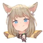  &gt;:) 1girl animal_ears bangs blue_eyes blush brown_hair cat_ears closed_mouth commentary_request eyebrows_visible_through_hair final_fantasy final_fantasy_xiv hair_ornament head looking_at_viewer lowres miqo&#039;te simple_background smile solo tota_(sizukurubiks) white_background 