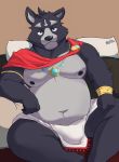  2020 adastra amicus_(adastra) anthro belly bulge canid canine canis clothing cute_fangs echo_project hi_res kemono loincloth male mammal moobs navel nipples overweight overweight_male pillow sitting solo video_games visual_novel wolf 柴虎良 