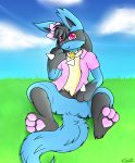  anthro blue_body blue_fur bow bow_on_ear clothed clothing cute_face cute_fangs fan_(disambiguation) fangs fluffy fluffy_ears fluffy_fur fluffy_tail full-length_portrait fur gyrodraws hair heart_pawpads hi_res jewelry lucario luka(lucario) male necklace nintendo open_shirt pawpads paws pink_bow pink_clothing pink_eyes pink_pawpads pok&eacute;mon pok&eacute;mon_(species) portrait ribbons shirt smile solo spiky_ears spread_legs spreading topwear video_games 