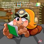  &lt;3 2_toes barefoot blonde_hair blush book dialogue english_text feet female foot_focus goomba goombella hair hi_res lazzylad mario_bros nintendo paper_mario ponytail reading soles solo text toes video_games 