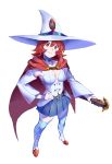  1girl blue_legwear blue_skirt bright_pupils cape choker closed_mouth detached_sleeves full_body hand_on_hip hat highres holding little_witch_academia long_sleeves looking_at_viewer pleated_skirt red_cape red_eyes red_hair ruukii_drift shiny_chariot simple_background skirt smile solo standing thighhighs vest wand white_background white_headwear witch_hat 