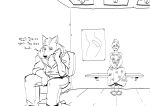  911 anthro bench bottomwear canid canine canis clothing dress duo female goonie-san hi_res human jacket male male/female mammal monochrome pants phone poster sitting smile stalker topwear wolf yandere 