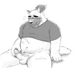  2020 anthro belly blush canid canine canis clothing domestic_dog eyes_closed genitals hi_res humanoid_genitalia humanoid_hands humanoid_penis male mammal masturbation monochrome navel nissei_(artist) overweight overweight_male penis scar shirt simple_background sitting solo tokyo_afterschool_summoners topwear video_games white_background yasuyori 