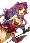  1girl :d angela_(seiken_densetsu_3) bangs bare_shoulders breasts detached_collar dress dutch_angle gloves green_eyes hankuri hat holding large_breasts long_hair looking_at_viewer open_mouth outstretched_arms parted_bangs purple_gloves purple_hair purple_headwear red_dress seiken_densetsu seiken_densetsu_3 simple_background smile solo spread_arms standing very_long_hair white_background 