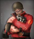  2019 ambiguous_gender armor bite bite_mark blood bodily_fluids carrying clarissa_arts claws clothing digital_drawing_(artwork) digital_media_(artwork) duo explosives feral fur grenade grey_body grey_fur headgear helmet hi_res human male mammal open_mouth open_smile procyonid raccoon red_clothing red_shirt red_topwear sharp_teeth shirt simple_background smile soldier_(team_fortress_2) team_fortress_2 teeth topwear twitter_username valve video_games weapon wounded 