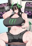  absurd_res barbell beverage big_breasts black_hair black_sclera bodily_fluids breasts by_spoon can cleavage clothed clothing demon demon_humanoid exercise female green_eyes hair hi_res huge_breasts humanoid monster_energy muscular muscular_female solo spread_legs spreading sweat weightlifting workout 