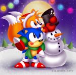  2019 anthro black_eyes blue_body blue_fur canid canine carrying christmas clarissa_arts classic_sonic classic_sonic_(universe) classic_tails clothing duo eulipotyphlan footwear fox fur green_scarf handwear hat headgear headwear hedgehog hi_res holidays male mammal miles_prower mittens moon on_model on_shoulders open_mouth open_smile outside santa_hat scarf shoes smile snow snowman sonic_the_hedgehog sonic_the_hedgehog_(series) standing top_hat tree twitter_username white_body white_fur yellow_body yellow_fur 