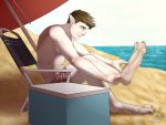  2013 beach blue_eyes bottomwear brown_hair chair clothed clothing cloud cooler detailed_background digital_media_(artwork) fasttrack37d fur furniture hair human male mammal outside sand sea seaside shorts sitting sky solo sunshade swimwear table topless transformation umbrella water 