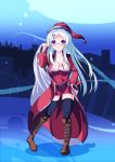  1girl breasts christmas commentary_request cross cross_necklace dress glasses hat hayate_no_gotoku! highres jewelry large_breasts long_hair looking_at_viewer makimura_shiori necklace night niyadepa purple_eyes red_dress santa_costume santa_hat smile solo 