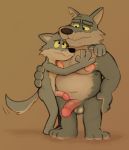  age_difference balls bowserboy101 brown_background canid canine canis chibi duo eddie_(orf) embrace father father_and_child father_and_son fur genitals grey_body grey_fur half-erect hi_res humanoid_genitalia incest_(lore) male male/male mammal navel nipples parent parent_and_child penis sam_(orf) simple_background slightly_chubby son tailwag wolf yellow_eyes 