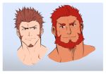  2boys beard blue_background blue_eyes brown_hair close-up face facial_hair fate/grand_order fate_(series) flat_color loboke looking_at_viewer male_focus multiple_boys napoleon_bonaparte_(fate/grand_order) raised_eyebrow raised_eyebrows red_eyes red_hair rider_(fate/zero) sideburns simple_background sketch smile upper_body 