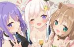  3girls :d ;d airani_iofifteen animal_ears ayunda_risu breasts brown_hair choker double_v gradient_hair green_eyes hair_bun hat hololive hololive_indonesia long_hair moona_hoshinova multicolored_hair multiple_girls one_eye_closed open_mouth purple_eyes purple_hair smile squirrel_ears v virtual_youtuber white_hair yano_mitsuki 