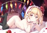  1girl bangs bare_arms bare_shoulders bed black_legwear blonde_hair blush bow bow_panties bra commentary_request crystal curtains eyebrows_visible_through_hair feet_out_of_frame flandre_scarlet flower frills hair_between_eyes hair_ribbon hairband hands_up indoors long_hair looking_at_viewer lying maid_headdress miyase_mahiro no_shoes on_stomach one_side_up panties petals red_eyes red_flower red_hairband red_ribbon red_rose ribbon rose rose_petals shadow side-tie_panties smile solo thighhighs thighs touhou underwear underwear_only white_bra white_panties wings wrist_cuffs 
