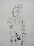 3:4 absurd_res akai_(ninjin_clash_of_carrots) anthro bone canid canine clothed clothing colorless fox hi_res kneeling_on_one_leg mammal melee_weapon pocket_trap sketch skull solo solo_focus weapon 