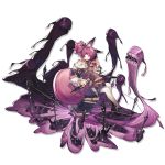  1girl animal_ear_fluff animal_ears arknights bangs book_stack elite_ii_(arknights) food fox_ears fruit geya_(yoomario) hair_between_eyes hair_ornament hand_up high_heels highres holding holding_food holding_fruit long_sleeves looking_at_viewer official_art purple_eyes purple_hair shamare_(arknights) shirt short_hair sitting solo transparent_background twintails white_legwear white_shirt 