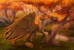  2020 ambiguous_gender aurru avian beak black_beak day detailed_background digital_media_(artwork) feathers feral forest fur grass gryphon mythological_avian mythology orange_body orange_feathers orange_fur outside rock smile tree yellow_body yellow_feathers yellow_fur 