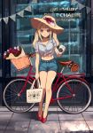  1girl absurdres bag bicycle blonde_hair bouquet brown_eyes censored cup flower full_body grey_shirt ground_vehicle hat highres holding holding_bag holding_cup long_hair midriff navel original red_flower reflection shadow shirt short_shorts shorts smile solo standing tied_shirt tokiwata_soul twintails white_flower 