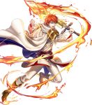  1boy alternate_costume belt blue_eyes boots cape circlet eliwood_(fire_emblem) feathers fire fire_emblem fire_emblem:_the_blazing_blade fire_emblem_heroes full_body highres official_art open_mouth red_hair solo sword teeth transparent_background weapon 