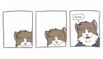  2019 absurd_res anthro blue_clothing blue_eyes blue_shirt blue_topwear brown_body brown_fur chase_jacobs cheek_tuft clothing comic dialogue digital_media_(artwork) domestic_cat english_text facial_tuft fangs felid feline felis fur half-closed_eyes heyitscousindave hi_res inner_ear_fluff looking_at_viewer looking_away male mammal multicolored_body multicolored_fur narrowed_eyes open_mouth open_smile pink_nose shirt simple_background smile solo speech_bubble text topwear tuft whiskers white_background white_body white_fur 