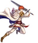  1boy alternate_costume belt blue_eyes boots cape circlet eliwood_(fire_emblem) feathers fire_emblem fire_emblem:_the_blazing_blade fire_emblem_heroes full_body highres official_art open_mouth red_hair solo sword teeth transparent_background weapon 