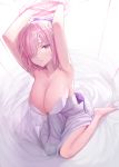  1girl bare_shoulders breasts cleavage collarbone dress fate/grand_order fate_(series) hair_over_one_eye highres hyury large_breasts lavender_hair legs looking_at_viewer mash_kyrielight purple_eyes short_hair sitting solo wariza white_dress 