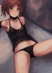  1girl black_choker black_gloves black_panties blush brown_hair camisole choker closed_mouth copyright_request elbow_gloves gloves green_eyes hair_ribbon highres looking_at_viewer midriff navel noccu panties red_ribbon ribbon solo twintails underwear 