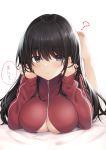  1girl ? bangs black_hair blue_eyes breasts cleavage commentary_request eyebrows_visible_through_hair frown highres jacket kokusan_moyashi large_breasts long_sleeves lying on_stomach original red_jacket solo translation_request zipper 