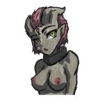  1girl breasts collarbone cropped_torso draenei grey_skin jewelry looking_at_viewer neck_ring open_mouth red_hair secondscrub short_hair solo upper_body warcraft yellow_eyes 