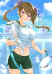  1girl absurdres amaimomo blue_sky blurry blurry_background breasts breasts_apart brown_hair closed_mouth cloud cowboy_shot day empty_pool floating_hair green_shorts gym_uniform hair_ribbon head_tilt highres holding hose large_breasts long_hair looking_at_viewer midriff navel original outdoors purple_eyes purple_ribbon ribbon shiny shiny_hair shirt short_shorts short_sleeves shorts sky smile solo standing stomach summer tied_shirt twintails wet wet_clothes wet_shirt white_shirt 