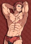  1boy abs arms_behind_head bara beard biceps blue_eyes brown_hair bulge chest erection erection_under_clothes facial_hair fate/grand_order fate_(series) inunekostudio looking_at_viewer male_focus muscle napoleon_bonaparte_(fate/grand_order) navel nipples pectorals red_background scar simple_background smile solo underwear 