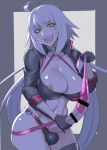  1girl :d ahoge areolae bikini black_bikini black_choker black_gloves black_jacket breasts choker cleavage collarbone commentary_request condom condom_on_penis cropped_jacket eyebrows_visible_through_hair fate/grand_order fate_(series) futanari gloves hair_between_eyes holding holding_condom jacket jeanne_d&#039;arc_(alter)_(fate) jeanne_d&#039;arc_(alter_swimsuit_berserker) jeanne_d&#039;arc_(fate)_(all) large_breasts large_penis laughing long_hair looking_at_viewer mikoyan navel nipple_slip nipples o-ring o-ring_bikini open_mouth penis shrug_(clothing) silver_hair smile solo swimsuit testicles used_condom yellow_eyes 