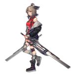  1girl animal_ears arknights bandaid bandaid_on_shoulder bangs bare_shoulders black_footwear black_jacket boots breasts cutter_(arknights) dual_wielding fox_ears full_body geya_(yoomario) grey_hair grey_legwear hair_ornament hairclip half_updo holding holding_sword holding_weapon jacket knee_pads kneehighs long_sleeves looking_at_viewer medium_breasts off_shoulder official_art open_clothes open_jacket red_eyes red_shirt reverse_grip shirt short_hair sleeveless sleeveless_shirt solo standing sword thigh_strap transparent_background weapon 