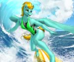  2020 5_fingers absurd_res action_pose anthro clothing cutie_mark equid equine eyebrows eyelashes female fingers friendship_is_magic hi_res lightning_dust_(mlp) mammal my_little_pony mykegreywolf one-piece_swimsuit outside pose pterippus solo surfboard surfing swimwear vehicle water watercraft wings 