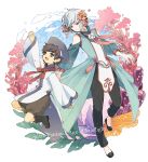  1boy 1girl :o ayatori57 black_footwear brown_hair copyright_name day flower grey_hair hair_flower hair_ornament hand_up hat orange_eyes outdoors pixiv_fantasia pixiv_fantasia_age_of_starlight purple_eyes standing wide_sleeves 