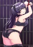  1girl angry armpits arms_up ass bangs bare_arms bare_shoulders bdsm beiske_(de_skb3) black_hair blunt_bangs blunt_ends blush bondage bound bound_arms bra breasts cowboy_shot dungeon eyebrows_visible_through_hair highres idolmaster idolmaster_shiny_colors lace lace-trimmed_bra lace-trimmed_legwear lace-trimmed_panties long_hair looking_at_viewer mayuzumi_fuyuko medium_breasts midriff panties red_eyes signature solo thighhighs two_side_up underwear underwear_only 