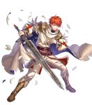  1boy alternate_costume belt blue_eyes boots cape eliwood_(fire_emblem) feathers fire_emblem fire_emblem:_the_blazing_blade fire_emblem_heroes full_body highres injury official_art red_hair solo sword teeth torn_clothes transparent_background weapon 