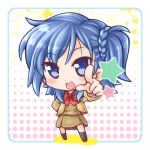  1girl blue_eyes blue_hair braid child commentary_request eyebrows_visible_through_hair garakuta_(garakuta_no_gomibako) looking_at_viewer lucky_star miyakawa-ke_no_kuufuku miyakawa_hikage open_mouth pointing pointing_at_viewer polka_dot polka_dot_background red_ribbon ribbon school_uniform smile solo star 