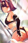  1girl absurdres ass bangs bare_shoulders bob_cut breasts collarbone eyeliner fate/grand_order fate_(series) highres horns looking_at_viewer maid makeup okoru_ringo oni oni_horns panties purple_eyes purple_hair short_hair shuten_douji_(fate/grand_order) skin-covered_horns small_breasts solo underwear 